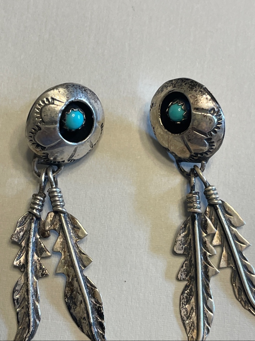 Vintage Navajo Sterling Silver Shadow Box Turquoise Feathers Dangle Earrings - Picture 2 of 5